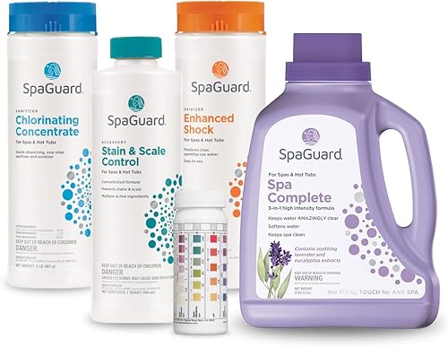 Kit químico de bañera de hidromasaje de lujo, contiene (SpaGuard Spa completo, concentrado de cloración, amortiguador mejorado, control de manchas y
