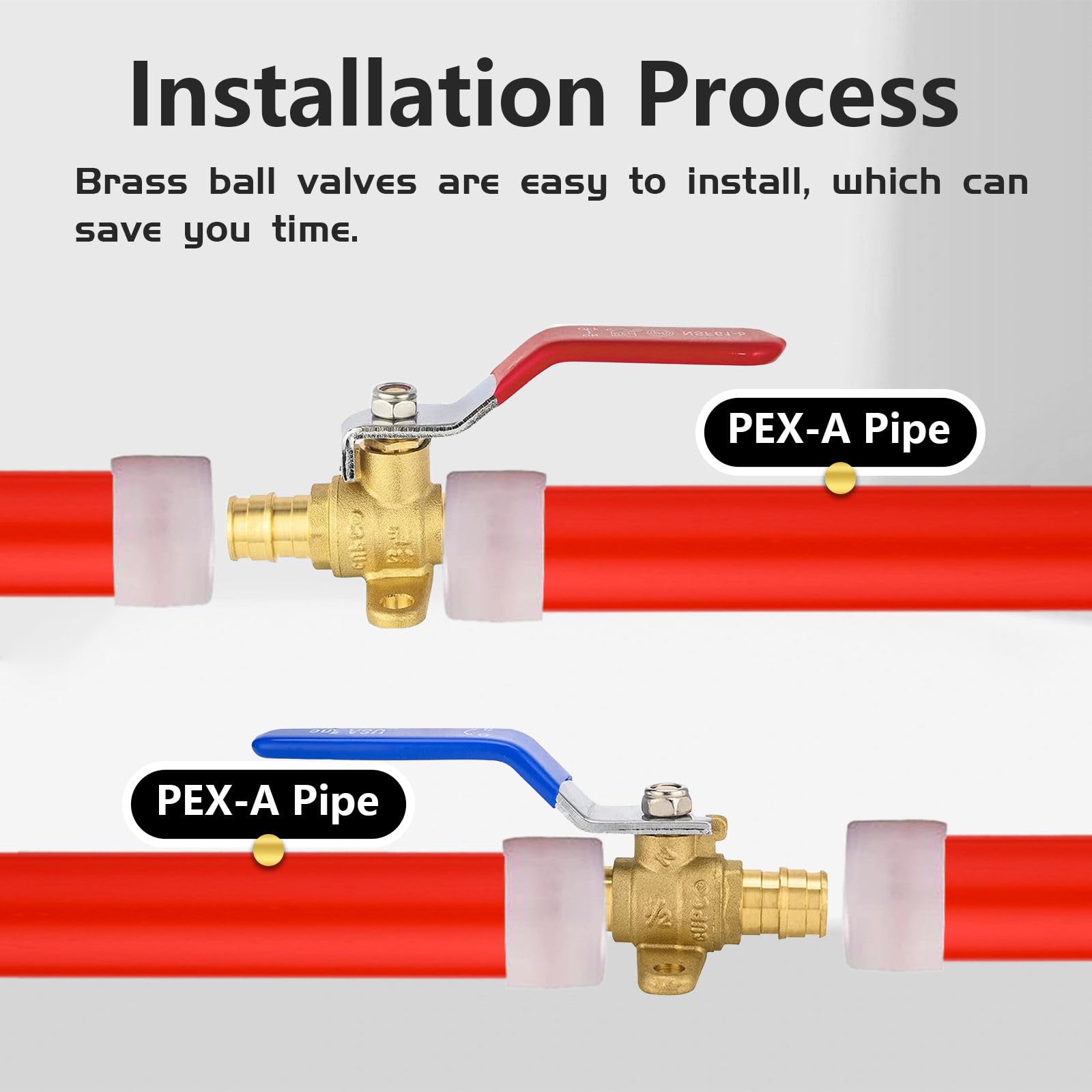 Brass PEX-A - Paquete de 10 válvulas de bola de expansión de puerto completo, válvula de cierre de 1/2 pulgada para distribución de agua fría y caliente (azul y rojo)