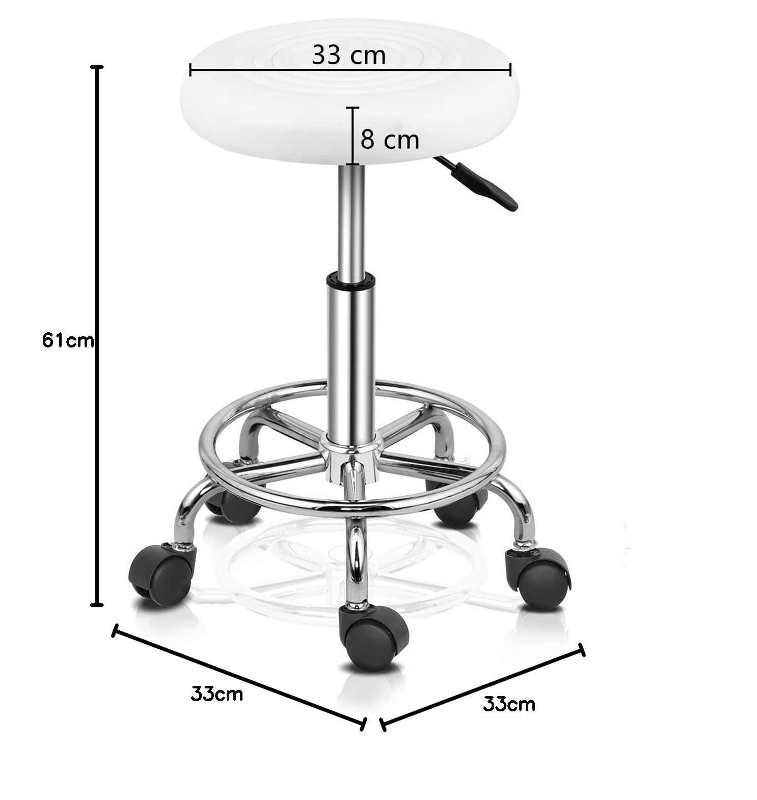 Bonnlo Tabouret de Bureau Tabouret à roulettes Rotation à 360° et Hauteur Réglable 47,5-61 cm pour Salon de Manucure, Salon de Beauté, Spas et Bureax, Blanc