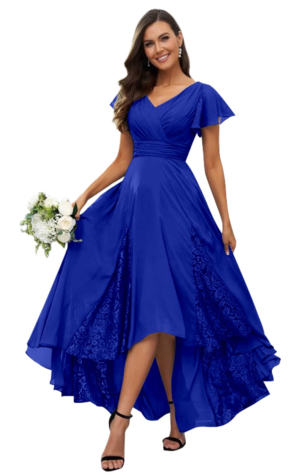 HANVAIOS Tea Length Mother of The Bride Dresses for Women Lace Chiffon Wedding Guest Dress with Sleeves