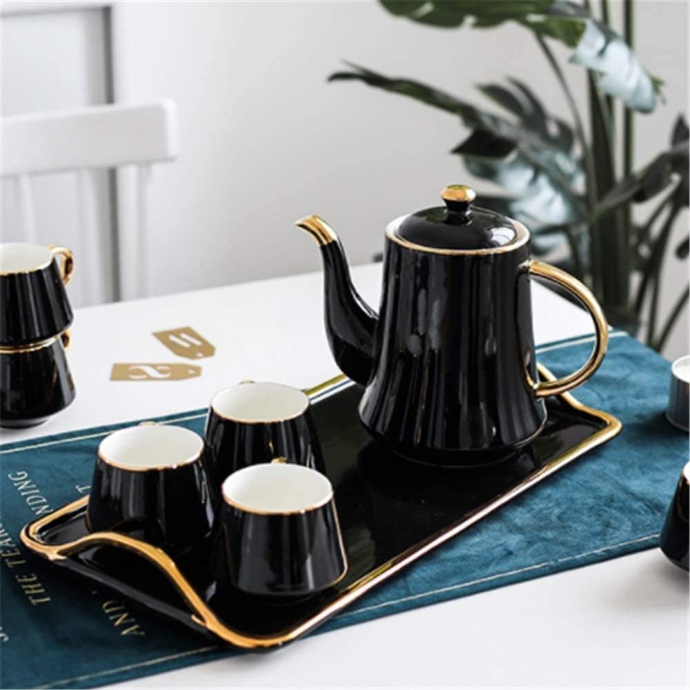 Zestaw Do Herbaty 8 Sztuk Zestaw Do Herbaty Styl Europejski Szkliwione Porcelanowe Serwisy Kubki I Taca Na Kawę Popołudniowa Herbata Drinkware Kawy Akcesoria Kuchenne(Black)