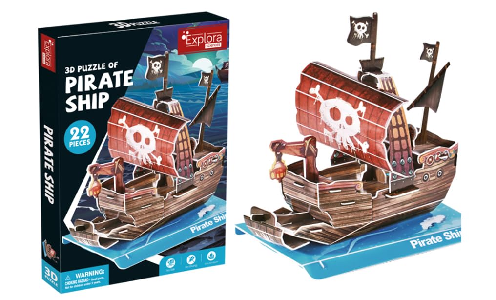 EXPLORA - Barco Pirata - Puzzles 3D - 540013-22 Piezas - Nivel 2 - Sin Pegamento ni Tijeras - Educativos - Juego de construcción - Regalo para niños - Maqueta - A Partir de 5 años