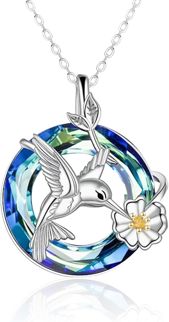 Hummingbird Necklace for Women, Crystal Flying Hummingbird