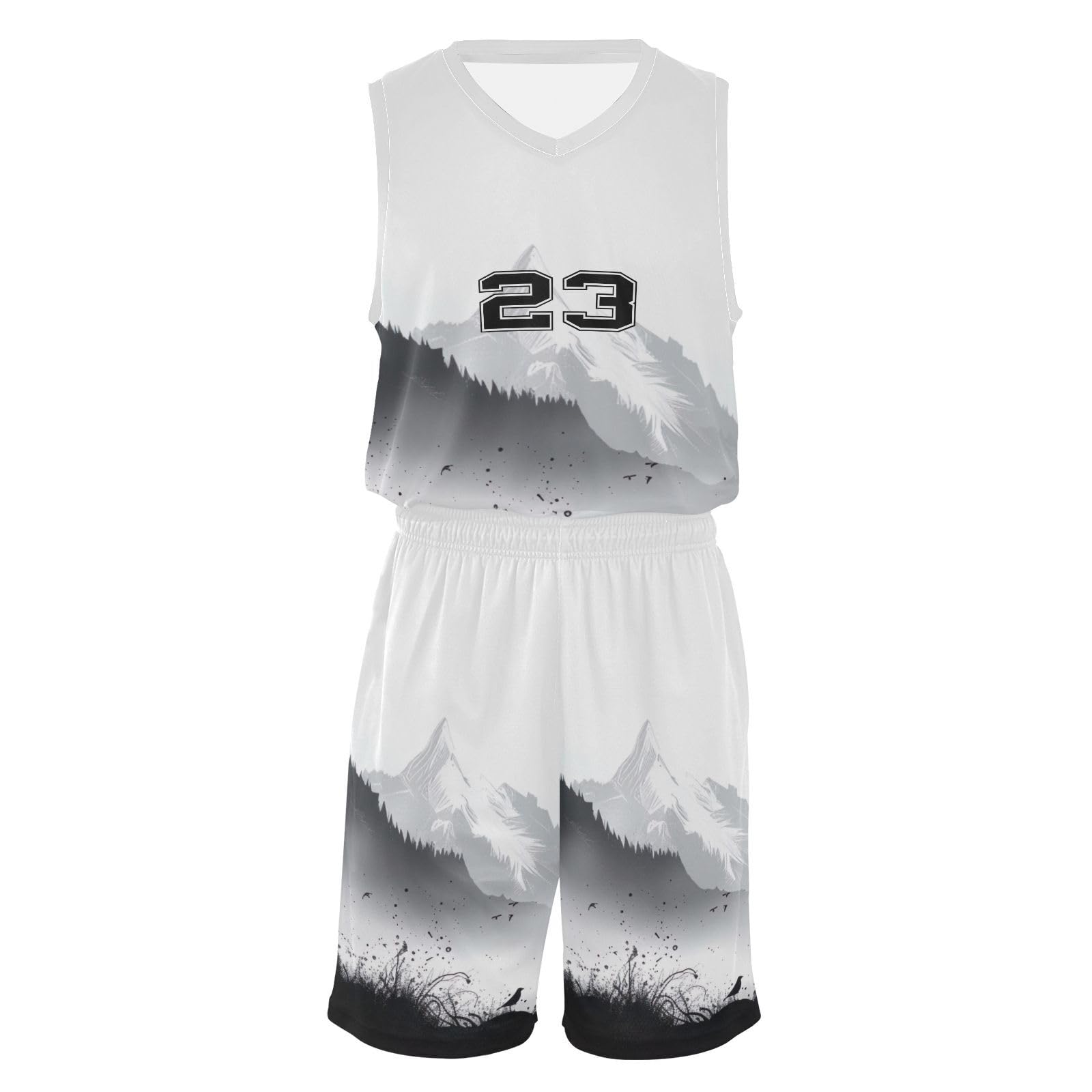 FLildon Mountain Ink Painting Boys Basketball Jersey Set Tank Top Shorts Tracksuit Sport Training Suit for Kids, XL