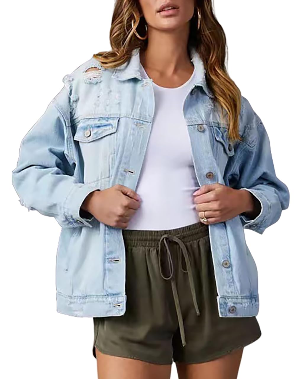 Necooer Denim Jeansjacke Distressed Authentics Damen Jeansjacke