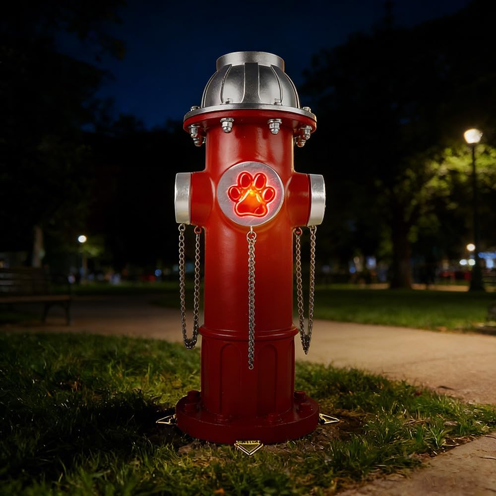 Solar Powered Dog Fire Hydrant Pee Post, Outdoor Fire Hydrant for Dogs to Pee On with Dog Paw Print Design, Perfect Fake Fire Hydrant for Easy Potty Training, 14.5" Tall