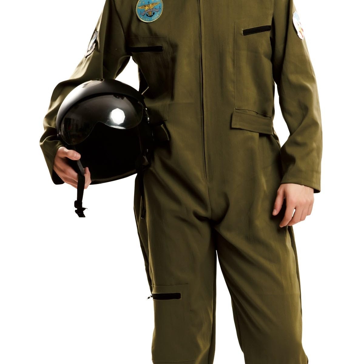 My Other Me - Disfraz Piloto hombre adulto en verde | Incluye mono verde oliva, bolsillos con cremallera, emblemas U.S. AIR FORCE y ARMY y cremalleras en tobillos