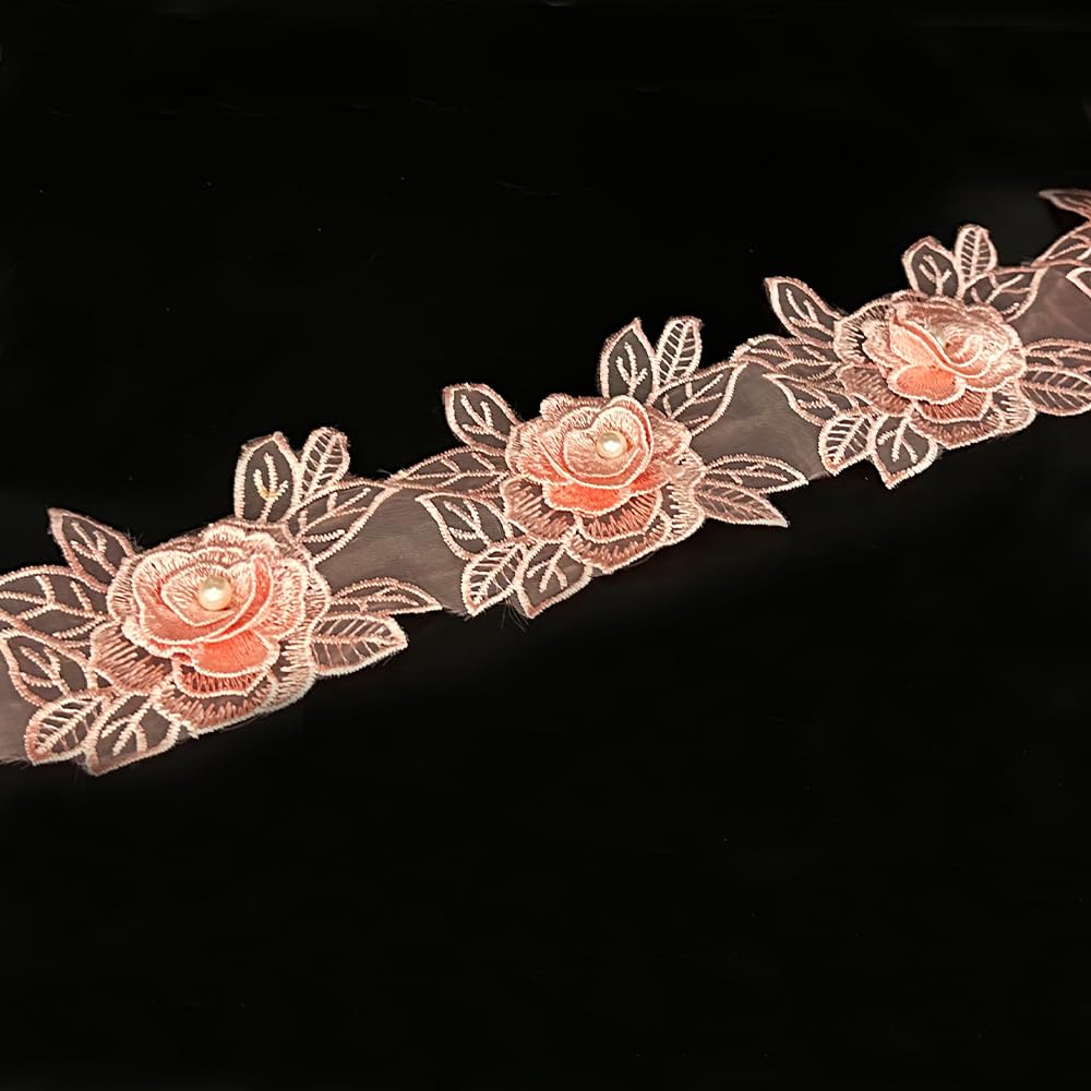 2 Yard Flower Lace Trim Flowers with White Pearl Beads Embroidered Edge Trim Fabric Floral Appliques Lace Ribbon for Wedding Bridal Dress Clothes Decoration DIY Handmade Sewing Crafts (Pink, 2 Yard)