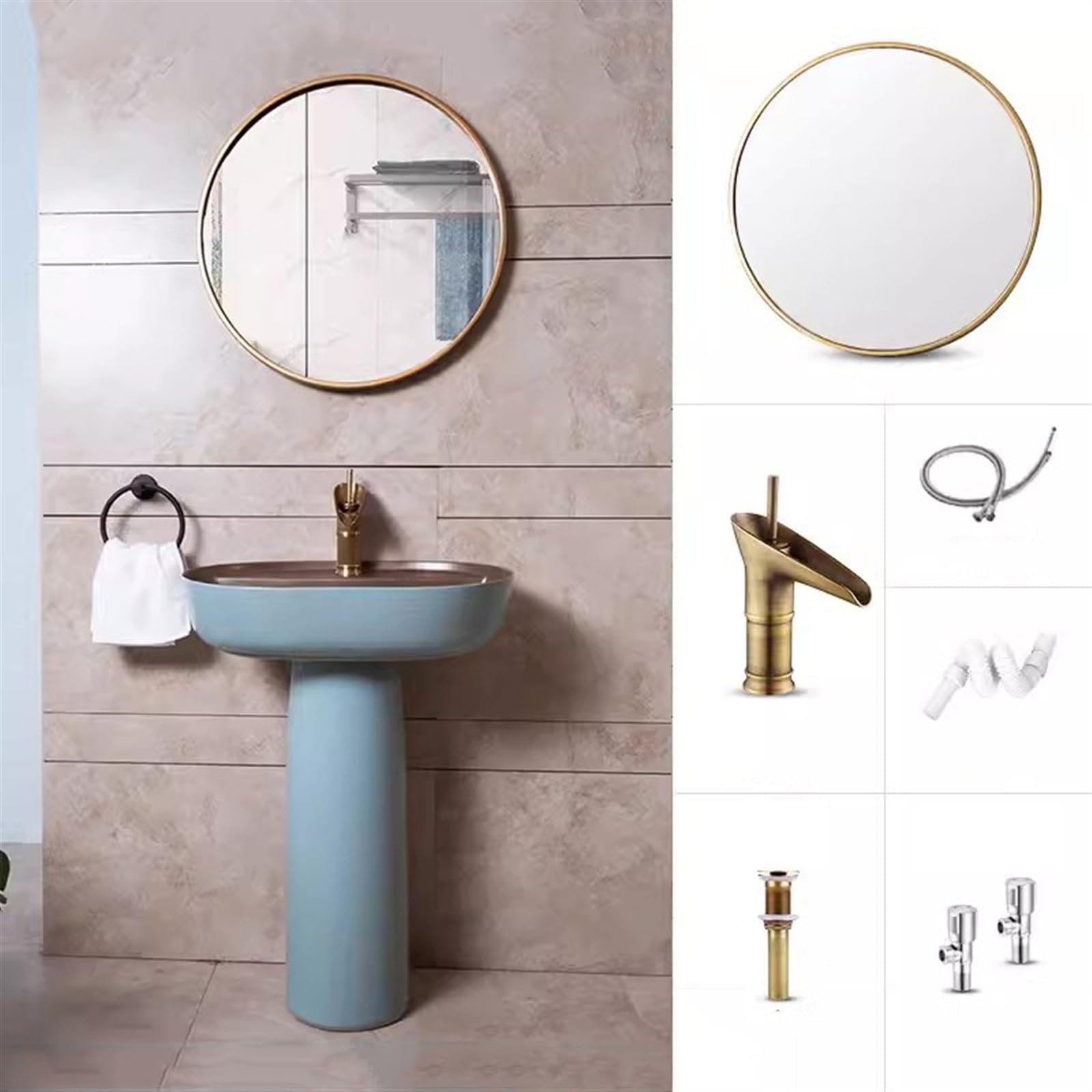 Umywalka łazienkowa ceramiczna, umywalka stojąca, elegancka niebieska umywalka stojąca, 2-częściowa umywalka kolumnowa, umywalka nablatowa, umywalka zewnętrzna na podeści