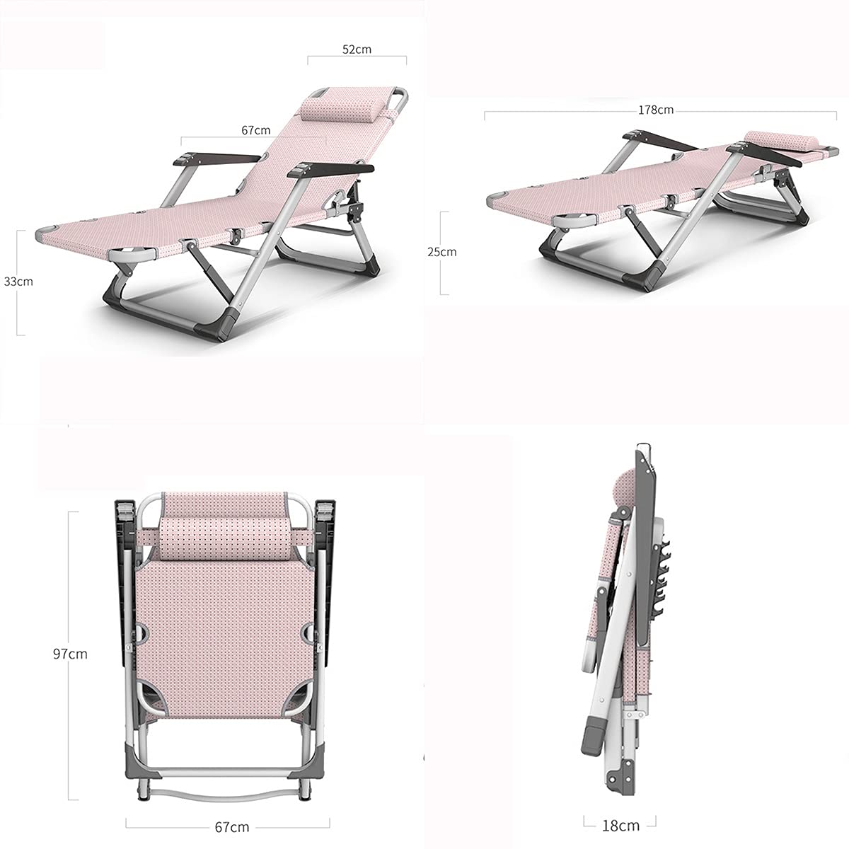 Poltrona reclinabile Pieghevole XXL con braccioli Imbottiti, per Patio, terrazza, Veranda, capacità di carico di 300 kg (Colore: Rosa)
