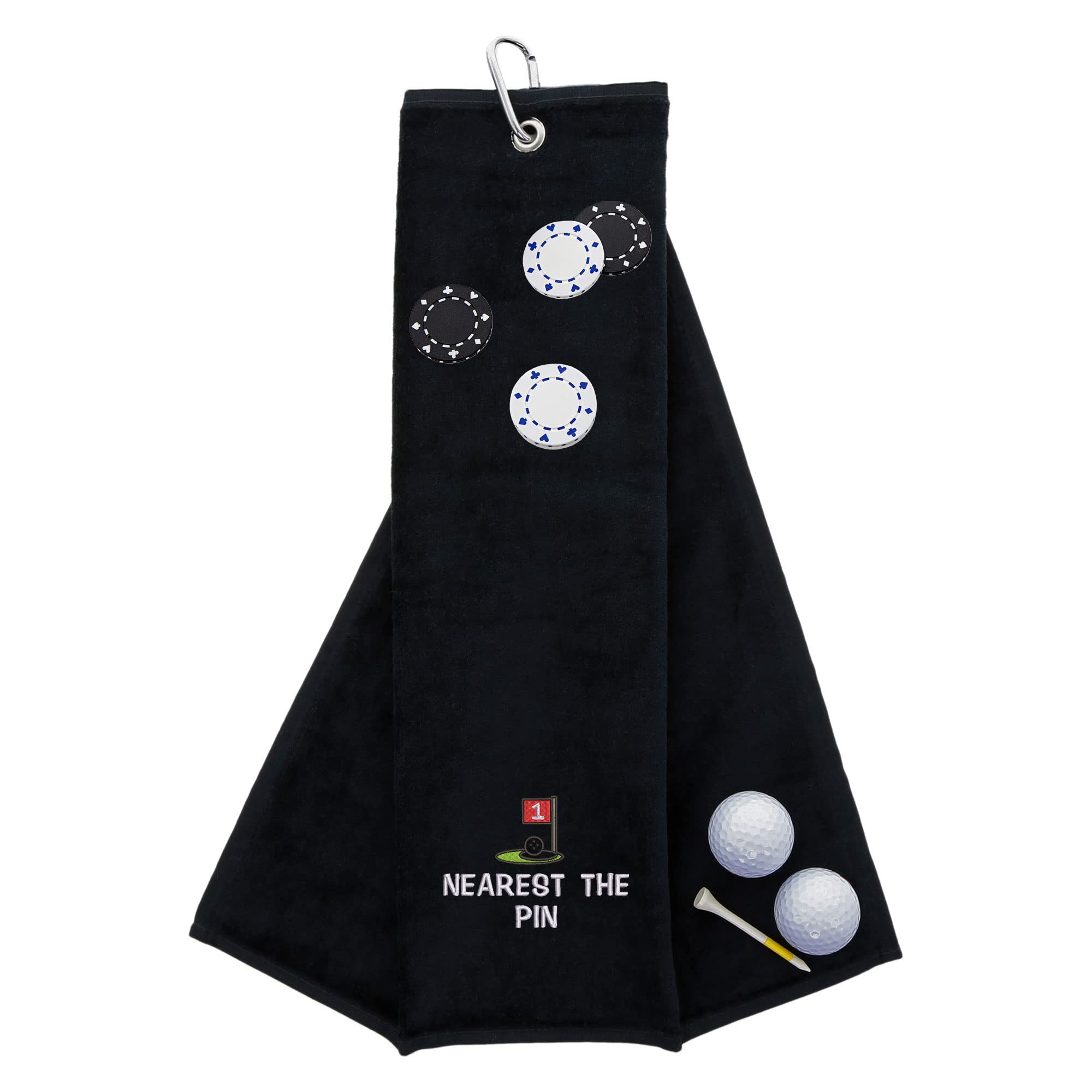 Funny Trifold Golf Towel and Poker Chip Marker Set Gift for Men, Carabiner Clip for Golf Bags, Nearest The Pin, Black