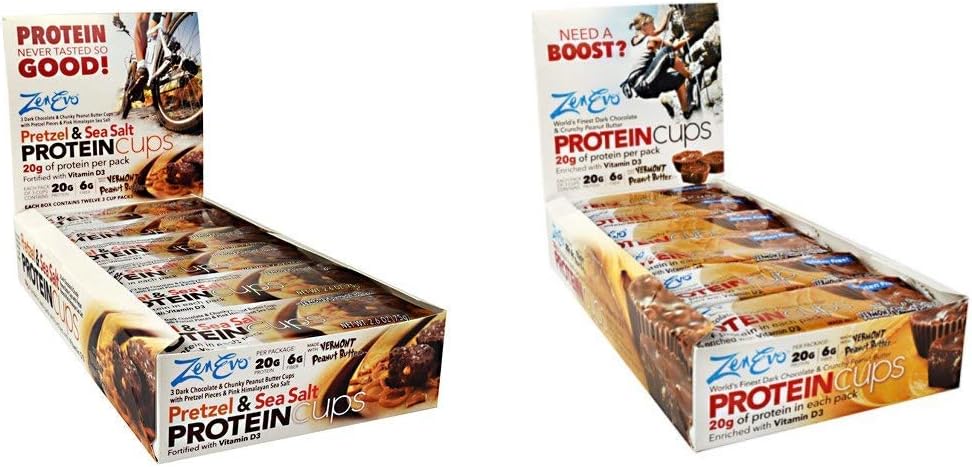ZenEvo Chocolate Protein Cups Variety Pack - High Protein/Low Carb/Low Sugar/Gluten-Free - 12 Chocolate Peanut Butter & 12 Pretzel Sea Salt