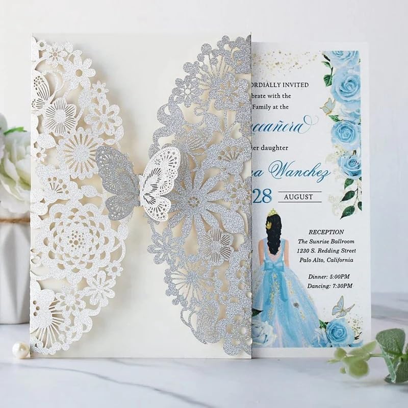 Hochzeitskarte 20 Set Schmetterling Einladungskarten Spitze Hochzeitseinladungen mit Umschlägen(Silver)