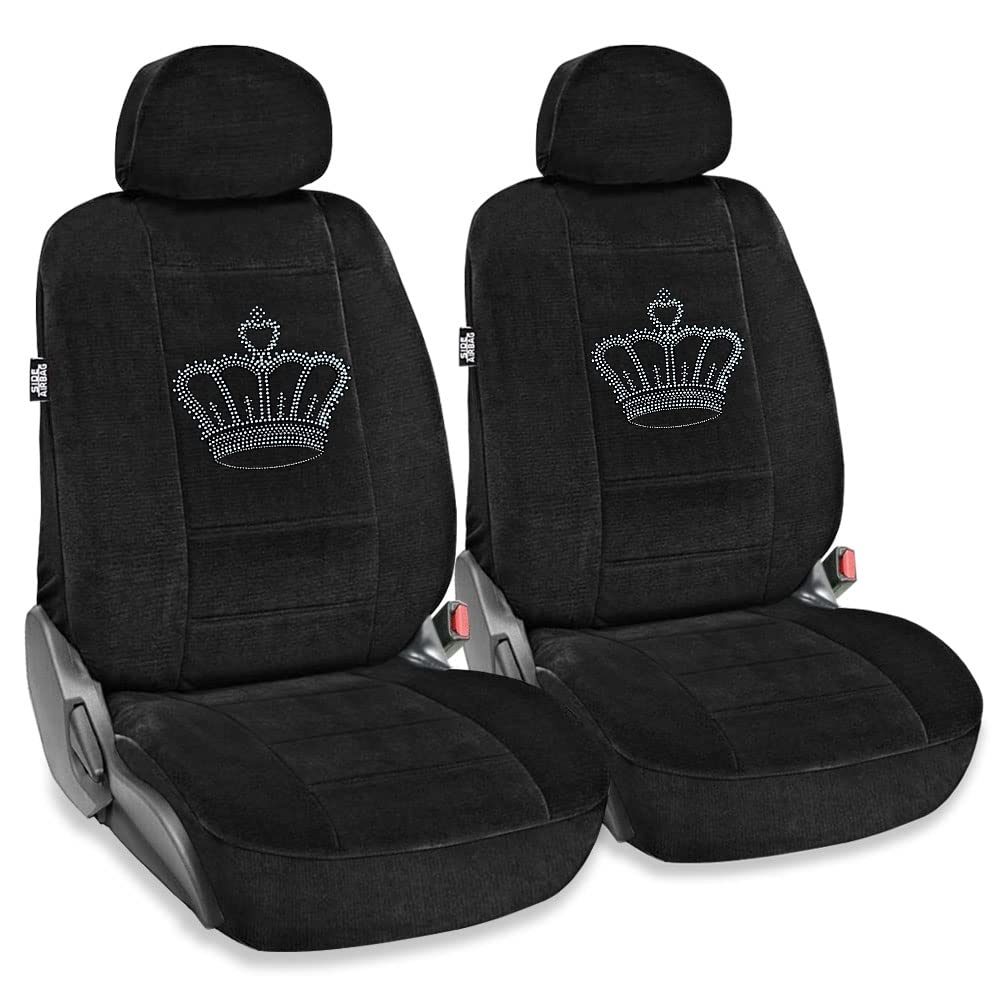 CarsCover King Crown Crystal Diamond Bling Rhinestone Black Car SUV Truck Low Back Seat Covers Black Velvet Cover