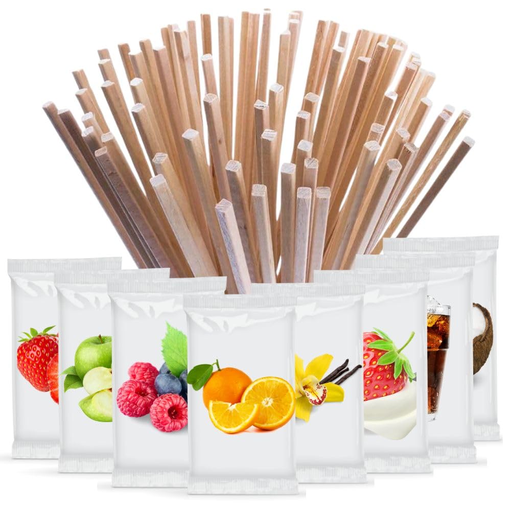SEMAR® | Zucchero per zucchero filato - 8 gusti (8 x 100 gr) + 100 Bastoncini | AROMI (Mela/Fragola/Fragola & panna/Bosco/Menta/Pistacchio/Vaniglia/Cocco)