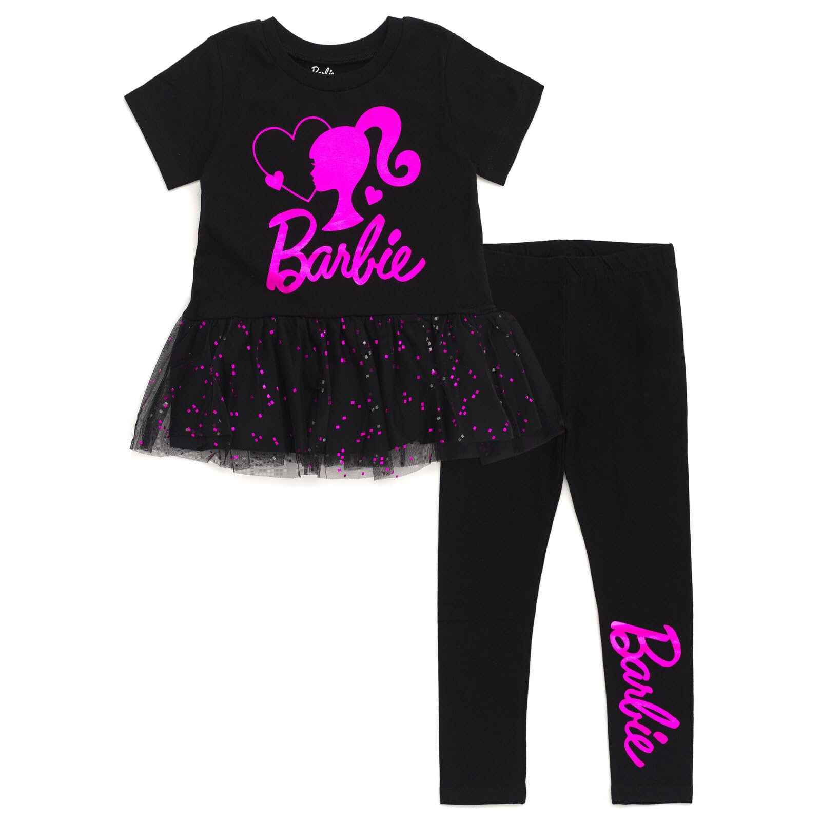Barbie Camiseta y pantalones peplum con estampado metálico para niñas pequeñas y grandes