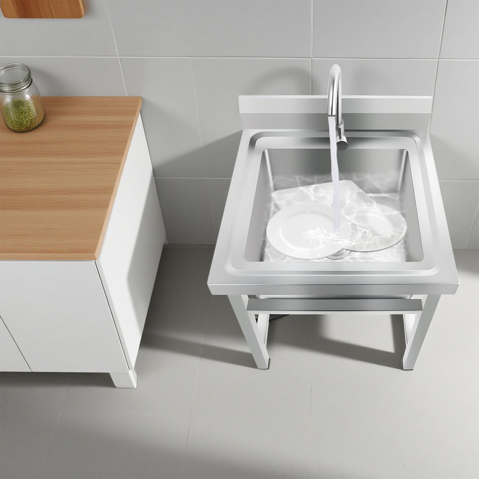 Lavello autoportante, per esterni, in acciaio inox, con rubinetto, multifunzione, per giardino, campeggio, officina e gastronomia, 60 x 60 x 93 cm