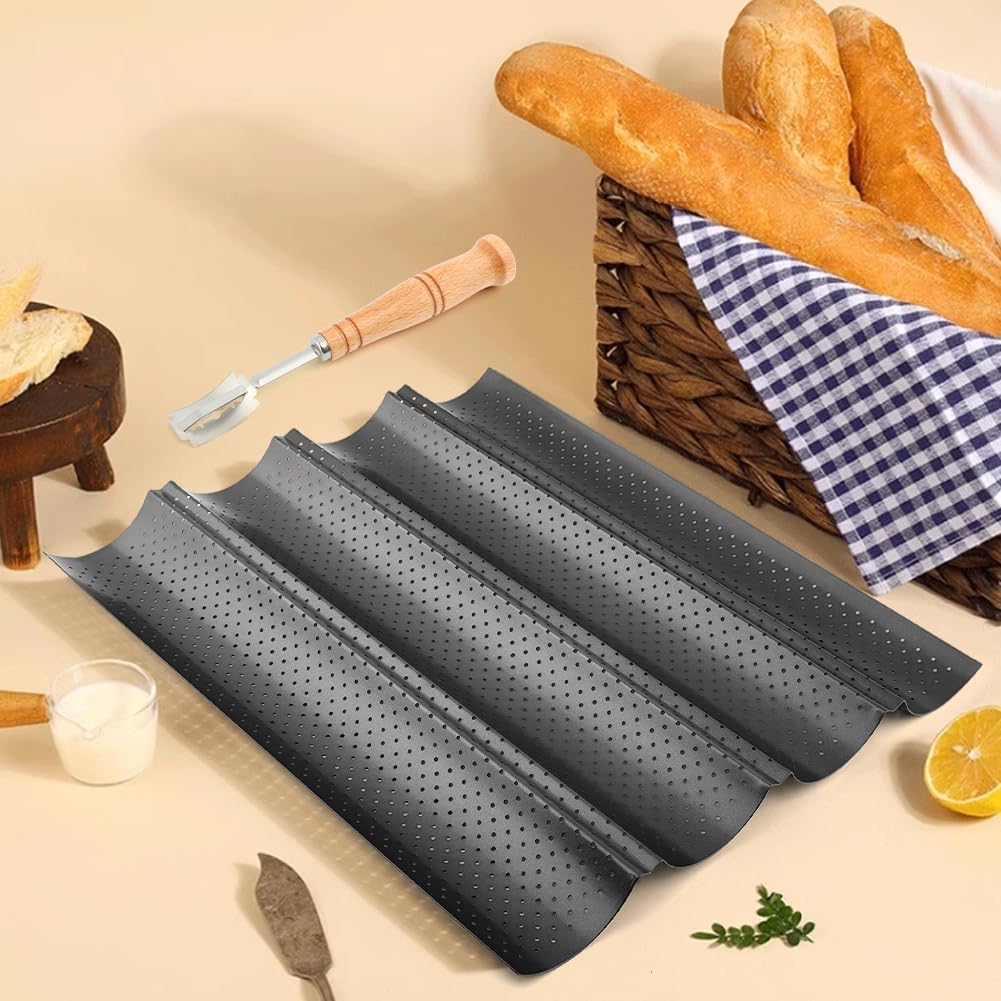 Juego de moldes para hornear baguette francés, 4 moldes perforados con paño de prueba y cortador de masa, kit completo de herramientas antiadherentes para hornear pan casero, pan italiano, 15 x