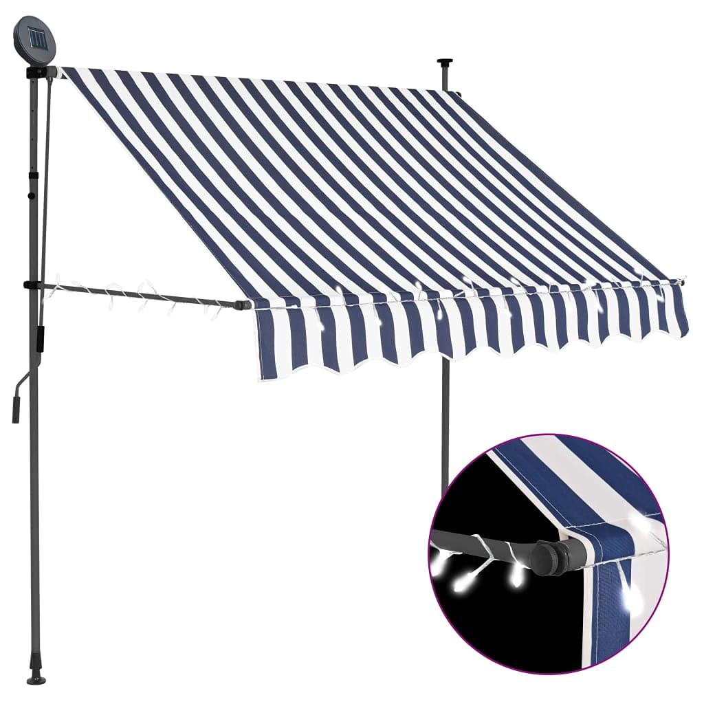 Store de terrasse enroulable bleu et blanc 100 cm avec LED intégrées pour balcon