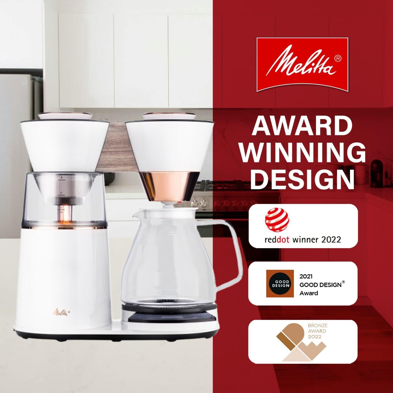 Melitta Vision 12-Cup Drip Coffee Maker, White, with 5-Pack Filters | Automatic and Programmable, Adjustable keep warm time setting and coffee strength, Touch Control