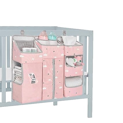 TOCKONIMN Hanging Diaper Caddy Organizer for Baby Crib - 3-in-1 Diaper Stacker for Changing Table Nursery Organization Storage Holder for Baby Essentials Attachment Portable Combining Clothing (Pink)