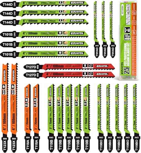 EZUVITA Lot de 25 Lames de Scie Sauteuse avec Étui de Rangement, Assortiment de Lames de Scie Sauteuse avec Tige en T pour Couper le Bois, le Plastique et le Métal