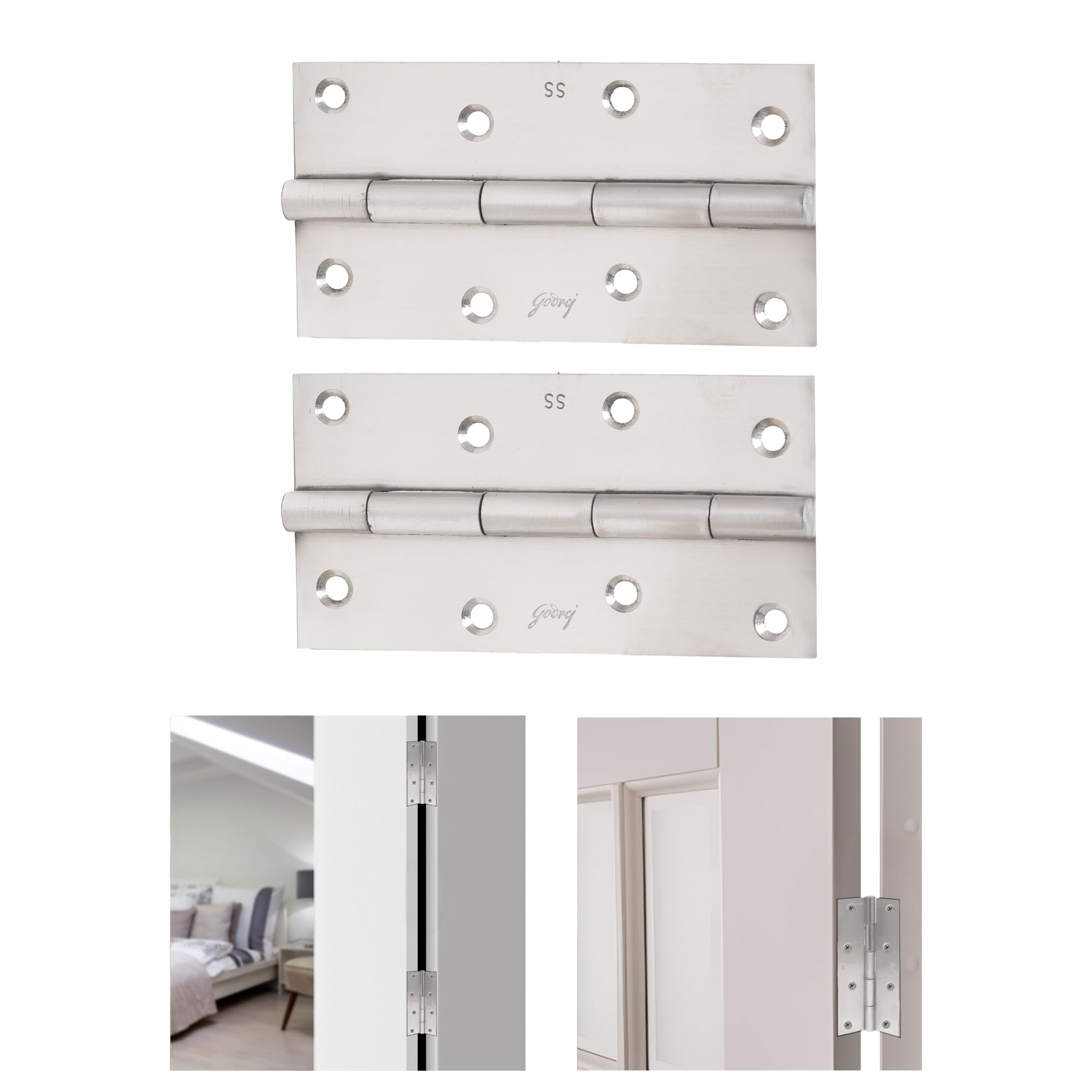 Godrej Door Fittings | SS Door Hinge 5 inch x 14 Gauge (Pack of 4) | Premium Matte Satin Finish (4363) | Heavy Duty Smooth Operation Kabza for Windows & Wardrobe | 5x14 - Plain Joint