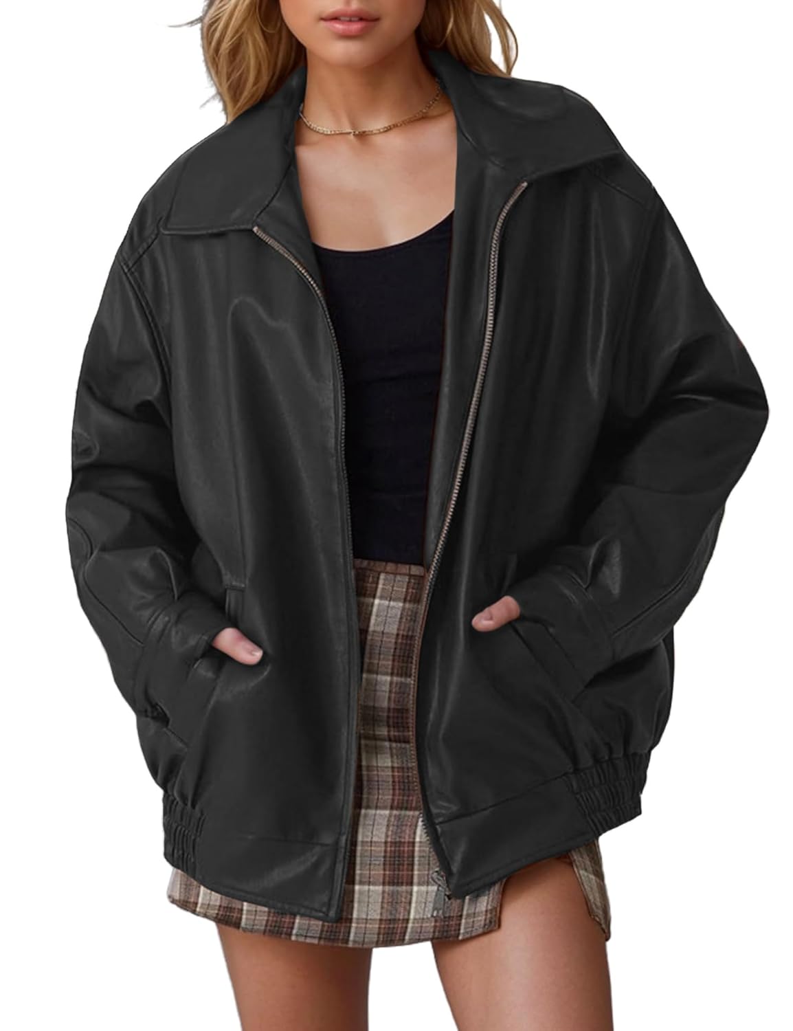 Leather Jacket Women Oversized Faux Motorcycle Bomber Jackets Fall Fashion Outfits 2025 Winter Clothes with Pocket