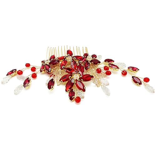 Miniatura 5 de BETITETO Pieza de pelo de novia de cristal rojo con peine de flores de vid dorada, accesorios para el cabello para bodas, mujeres y niñas (dorado,