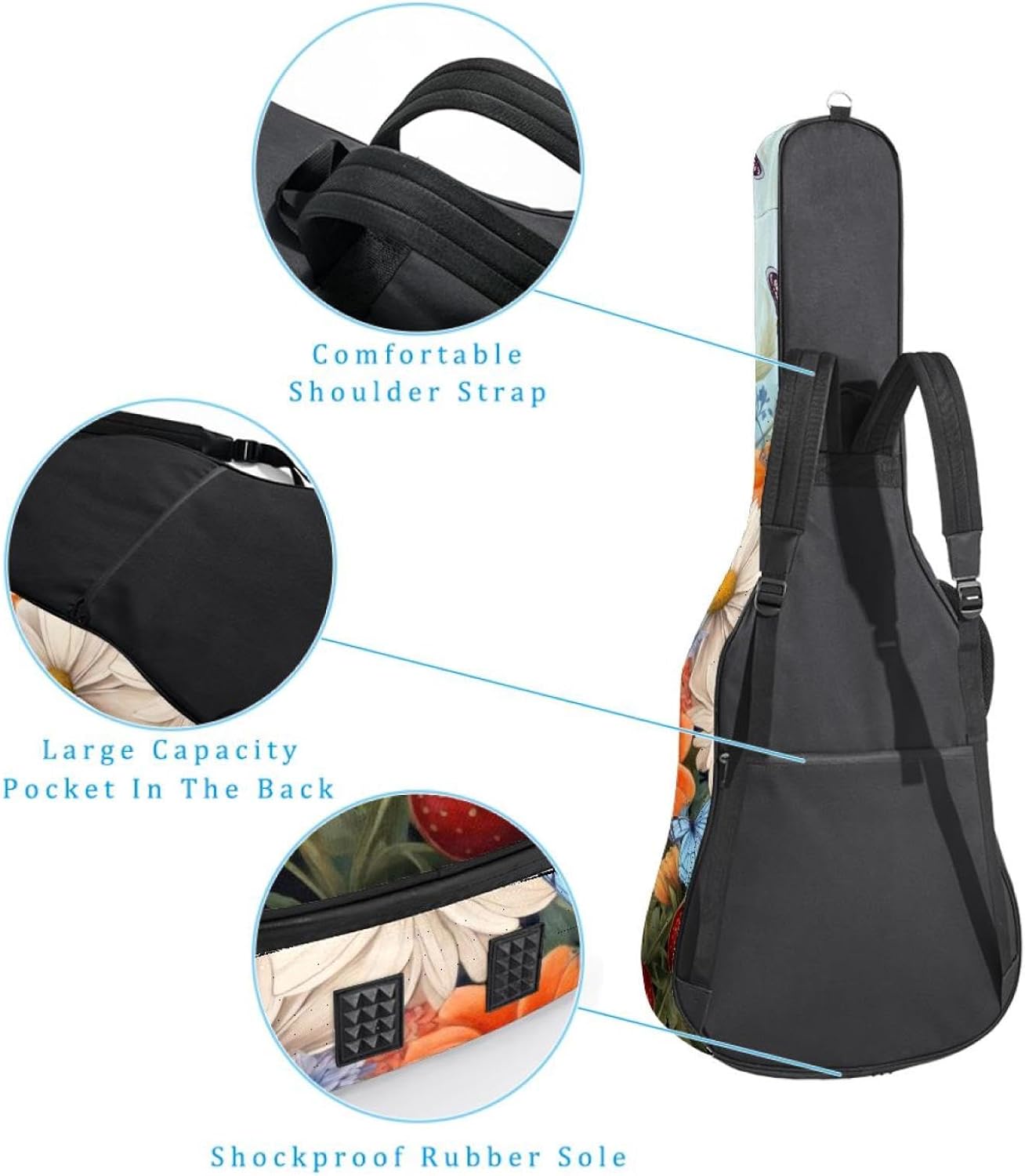 Acoustic Guitar Bag 0.4 Inch Thick Padding Waterproof Guitar Case Gig Bag for 40 41 42 Inch Electric Bass Classical Guitar, Colorful Butterflies and Flowers