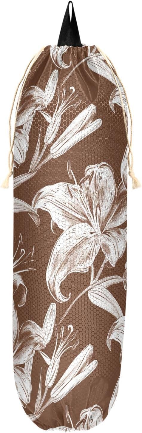 Plastic Bag Organizer Wall Mount Reusable Shopping Bag Organizer for Travelling Family Friends Grandma Mom (Lily Flowers Chocolate Brown)