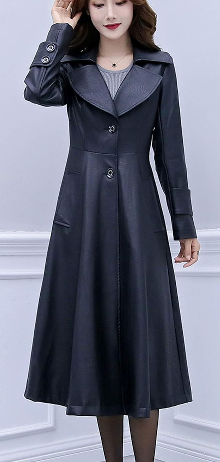 ebossy Women's Elegant Lapel Collar 2 Button Fit-Flare Pu Leather Long Trench Coat - Image 3