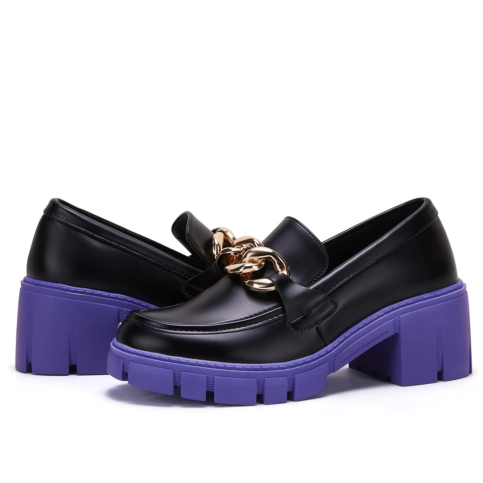 TINSTREE Platform Loafers for Women with Chain Comfort Chunky Heel Slip On Round Toe Business Work Shoes