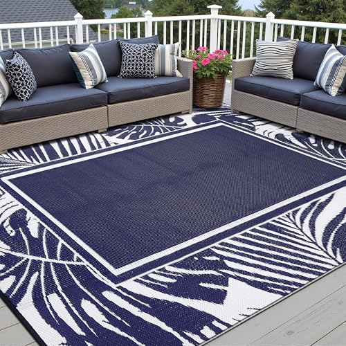 PureCozy Outdoor Plastic Straw Rug Beige Brown Large Outside Waterproof Outdoor Patio 9x12 Carpet Geometric Reversible Mat Modern for Camping RV Porch Deck Balcony Beach