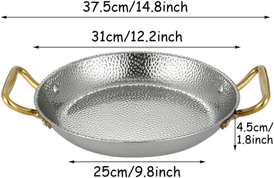 Stainless Steel Paella Pan, Round Seafood Paella Pan Double Ears Pans Nonstick Cooking Large Skillet Cookware for Home Restaurant or Camping, Induction Safe,Silver,12.2inch