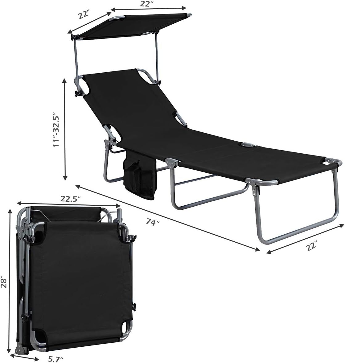 Giantex Tanning Chair, Patio Chaise Lounge Chair with 5 Adjustable Position, Shade Canopy, Storage Pocket, Camping Cot, Outdoor Sunbathing Recliner for Poolside, Lawn Folding Beach Chairs(2, Black)