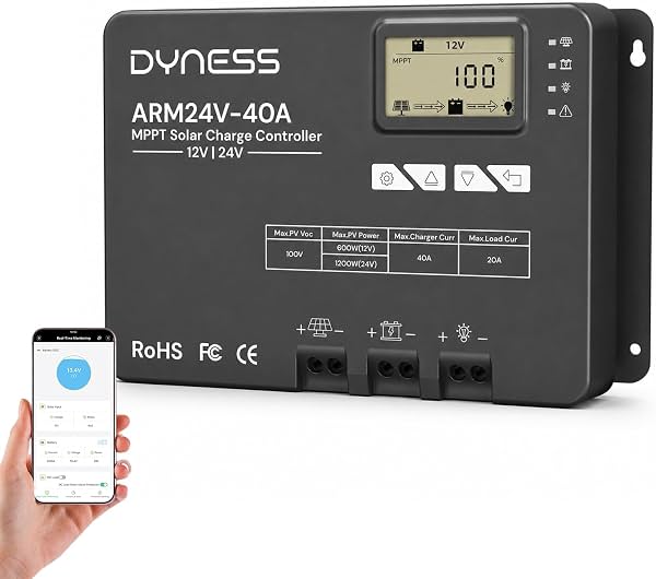 Controlador de carga solar MPPT Dyness con control por APP Bluetooth 40A 12V/24V | Pantalla LCD, compatible con baterías de litio, gel, selladas e inundadas, para paneles solares en sistemas RV, marinos y aislados