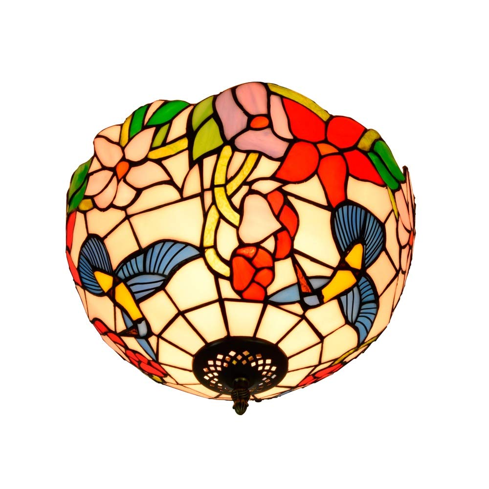 HJRegaFimu 12 Inches Flush Mount Ceiling Light Large Stained Glass Uplighter Lamp Bird Flowers Vintage Style Deco Chandelier For Living Dining Room Bedroom Corridor