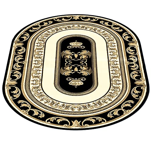 Belle Arti Ovaler Teppich Wohnzimmer Flur Schlafzimmer Wohnzimmerteppich Kurzflor schwarz Gold - Mäander Pegasus Design 100% Viskose Seidenglanz Antirutsch Antiallergisch Ökotex - 152x230 cm, Oval