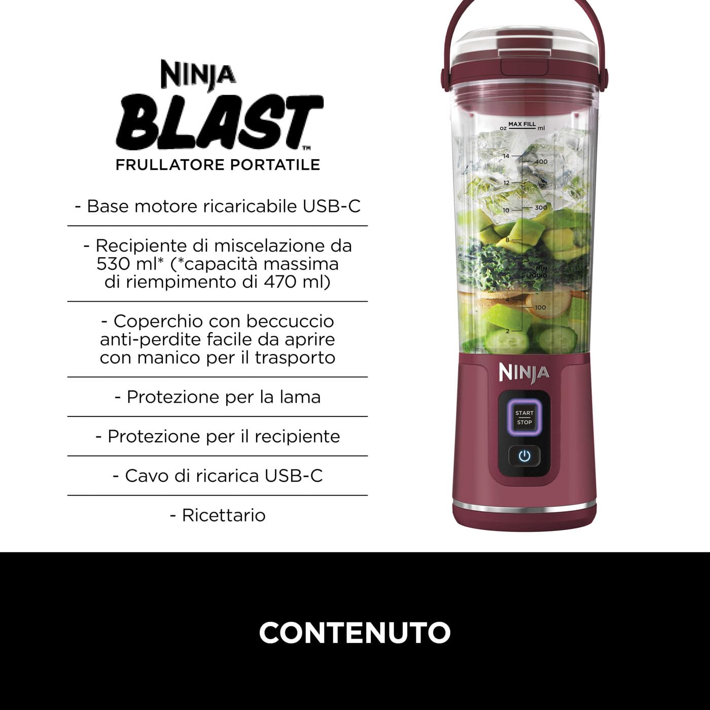 Ninja Blast Frullatore Portatile, 530 ml, con Coperchio e Beccuccio, Mini Frullatore Senza Fili, Ricaricabile, per Frullati, Trita Ghiaccio e Frutta Congelata, Ciliegia, BC151EUCR
