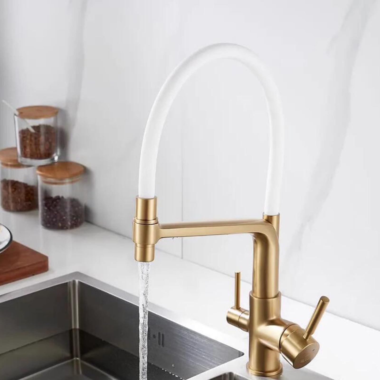 Grifo Cocina 3 Vias Osmosis Latón Giro 3 en 1 Grifo de Fregadero de Cocina-Oro Cepillado + Blanco