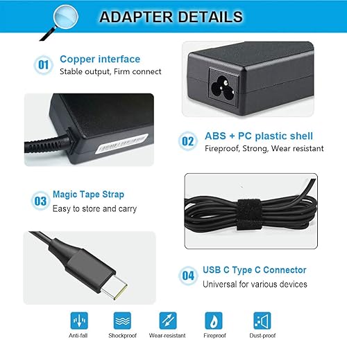 Miniatura 4 de Cargador USB-C de 65 W 45 W para Lenovo ThinkPad T480 T480s T490s T580 T580s T590 E480 E580 E585 Chromebook 100e 300e 500e C330 C340 S330 Yoga C930