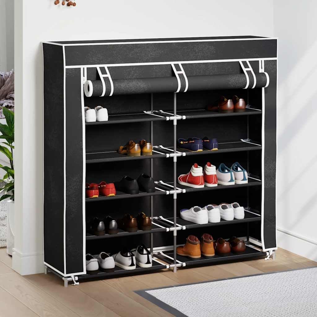 Zapatero de tela con cubierta, 115 x 28 x 110 cm, color negro