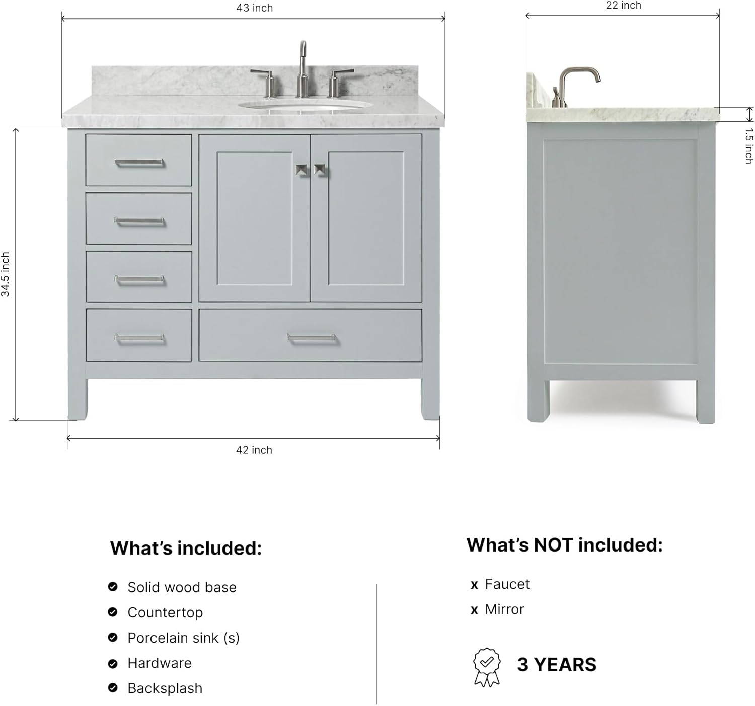 DKB Beckford 43-Inch Gray Bathroom Vanity with Carrara White Marble Countertop, Right Offset Oval Sink, 2 Soft Closing Doors, 5 Dovetail Drawers, Satin Nickel, No Mirror
