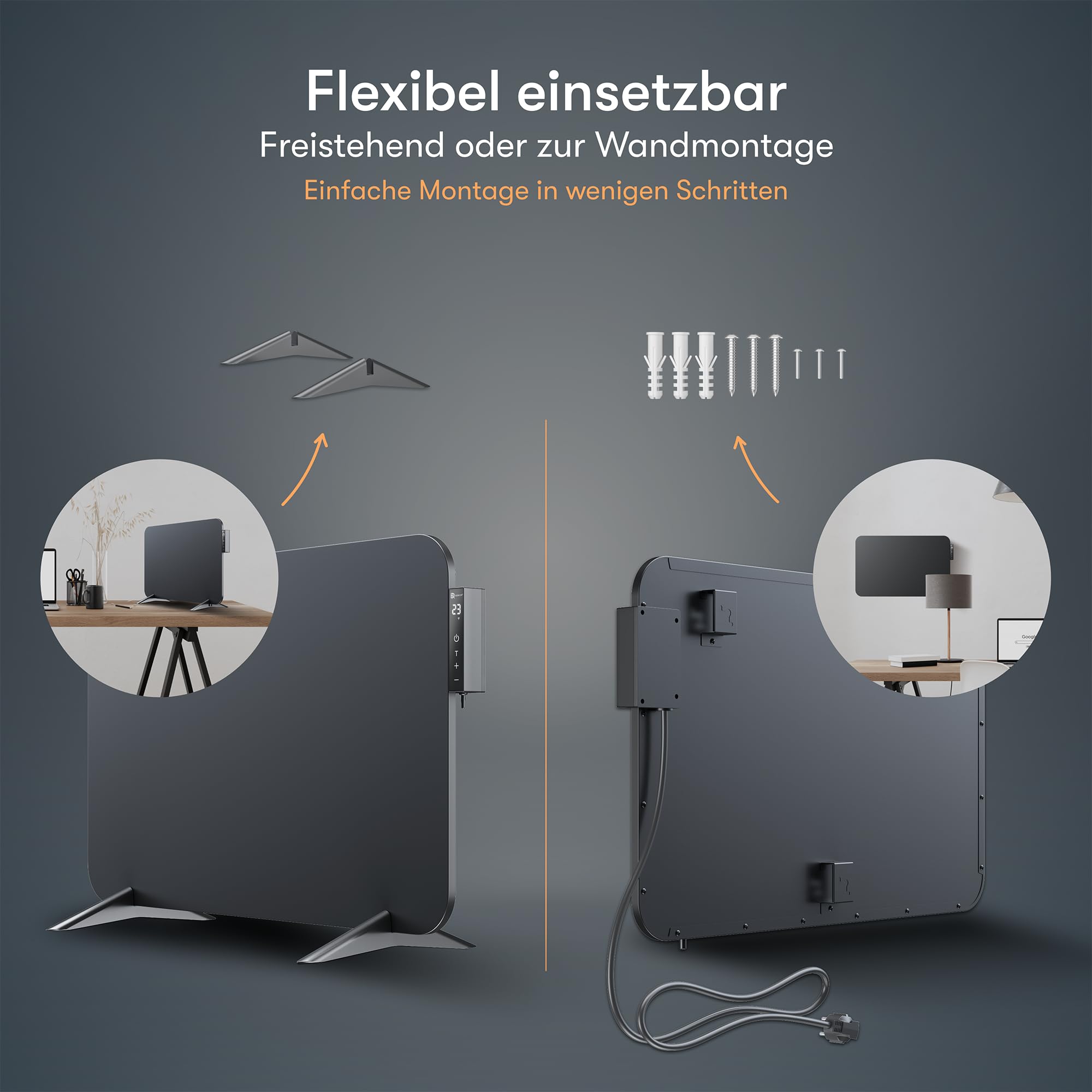 BR Bringer radiatore elettrico a infrarossi 450 watt con termostato intelligente e telecomando, WIFI e app - per montaggio a parete o utilizzo mobile, risparmio energetico (nero)