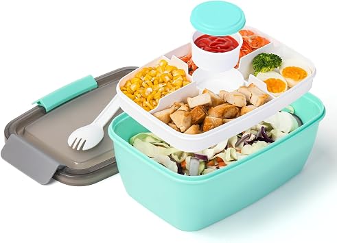 MICEBAY All-in-One Salad Container for Lunch 68-Oz, Large Salad Bowl with Tray, Leak-Proof Sauce Container & Fork, Bento Lunch Box for Adults Healthy Food, Microwave & Dishwasher Safe, Green