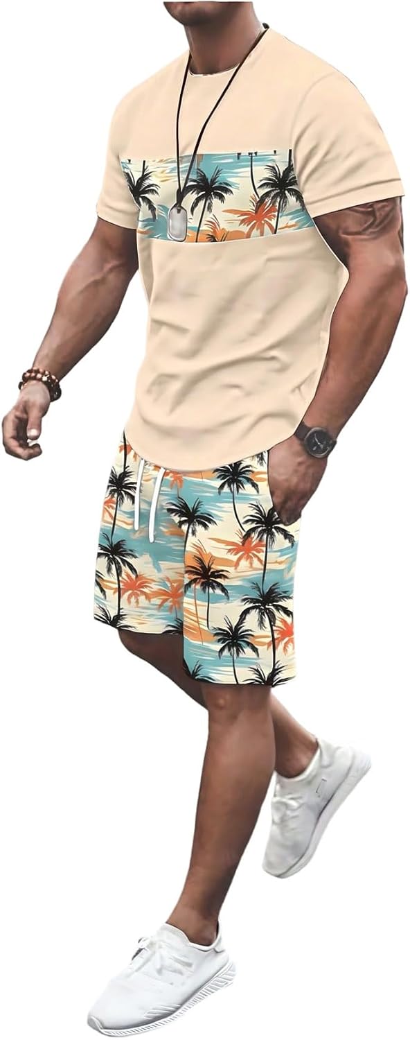 GORGLITTER Men's Cruise Outfits Vacation Summer Tropical 2 Piece Short Sets