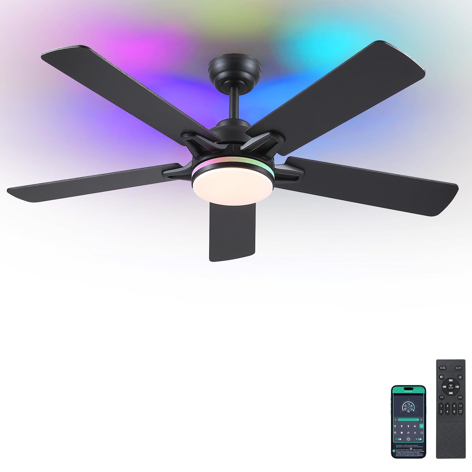 Kviflon RGB Ventilador de Techo con Luz Silencioso 132 cm, Modernos Ventiladores de Techo con Mando a Distancia y APP para Dormitorio Salon, Motor dc Reversible, LED Regulable, Aspas de Madera, Negro