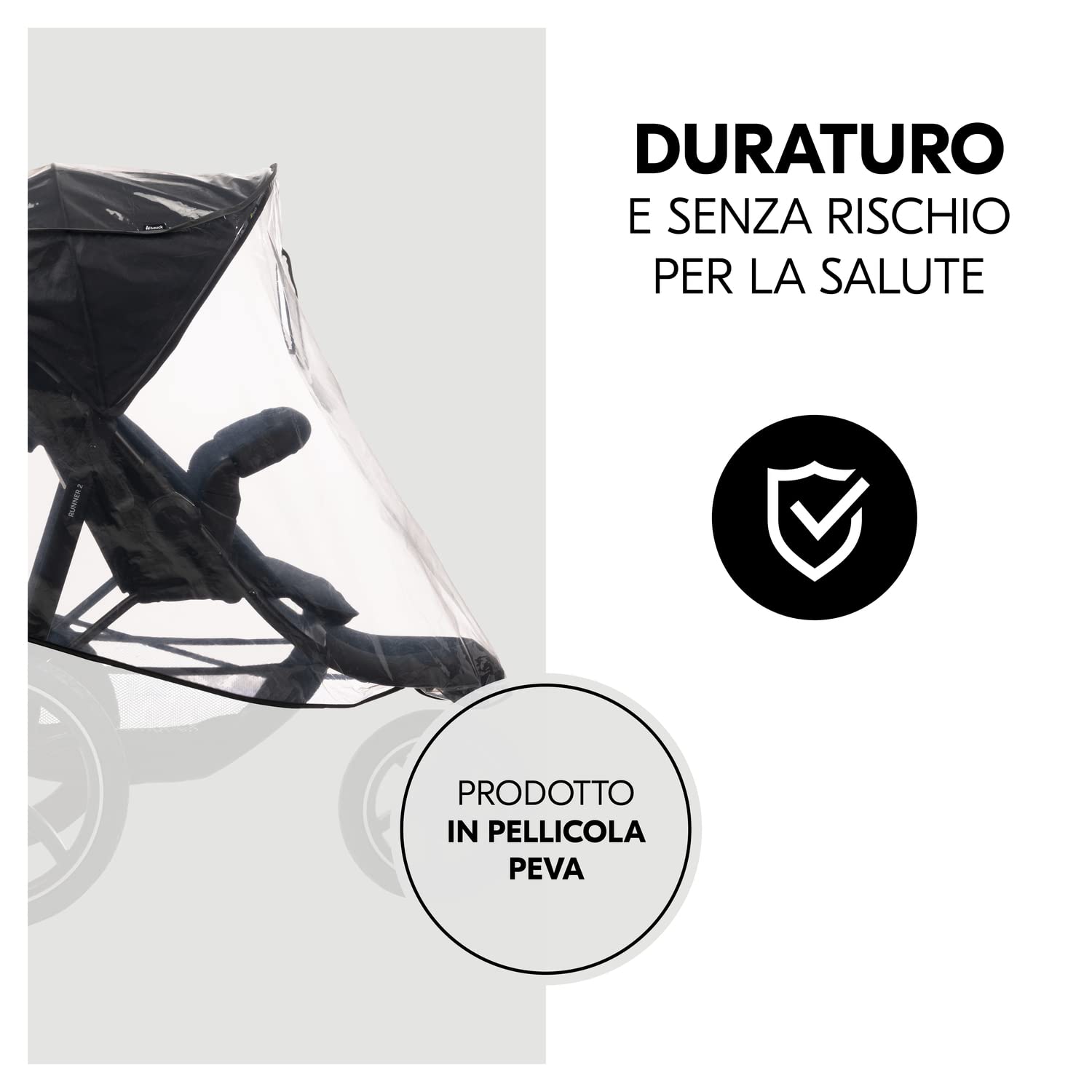 hauck Parapioggia Passeggino 3 Ruote Universale - 58 x 48 x 90 cm Compatibile con Modelli Runner - Antipioggia Catarifrangente con Finestrina e Fori di Ventilazione - Facile da Fissare - Trasparente