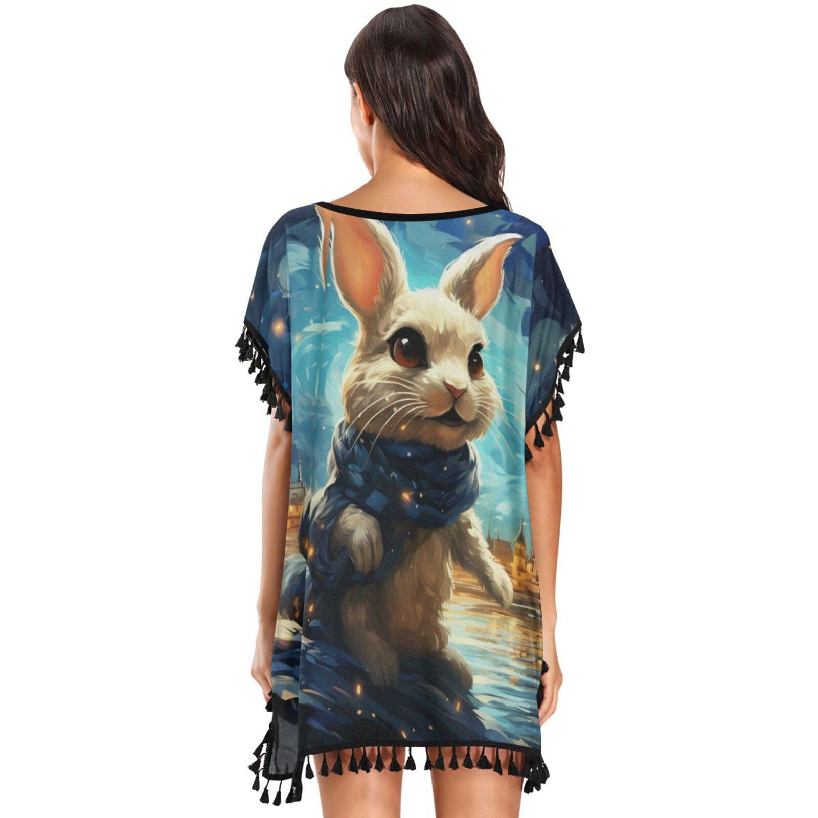 Watercolor Abstract Art Bunny Women's Beach Cover Up Chiffon Tassel Swimwear Swimsuit Coverups for Girl